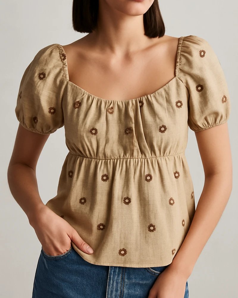 Blusa Margaritas Bordadas Escote Cuadrado con Manga Globo para Mujer - Image 4