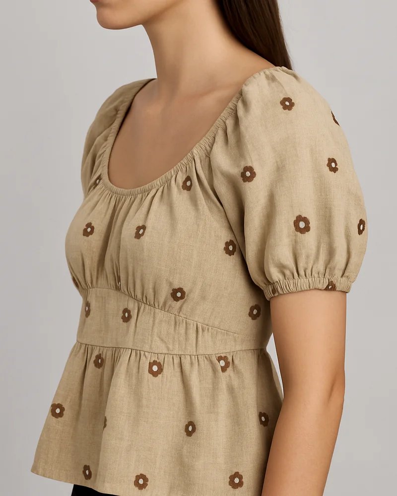 Blusa Margaritas Bordadas Escote Cuadrado con Manga Globo para Mujer - Image 3