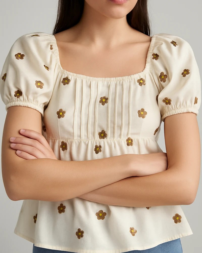 Blusa Margaritas Bordadas Escote Cuadrado con Manga Globo para Mujer - Image 8