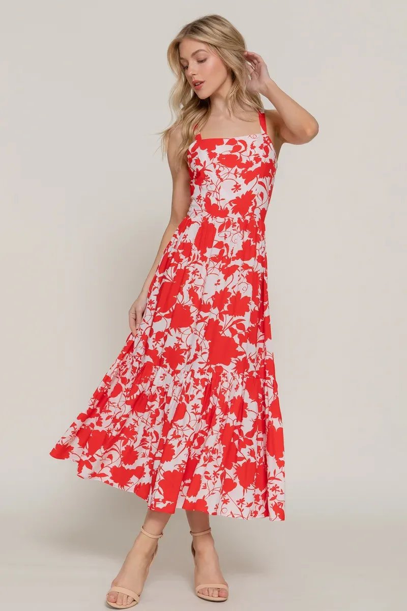 Vestido Midi Floral Rojo y Blanco con Tirantes para Mujer - Image 2