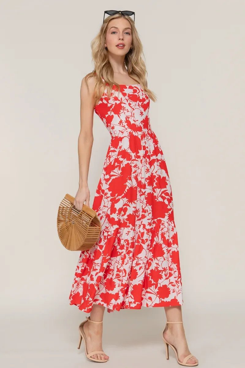 Vestido Midi Floral Rojo y Blanco con Tirantes para Mujer - Image 3