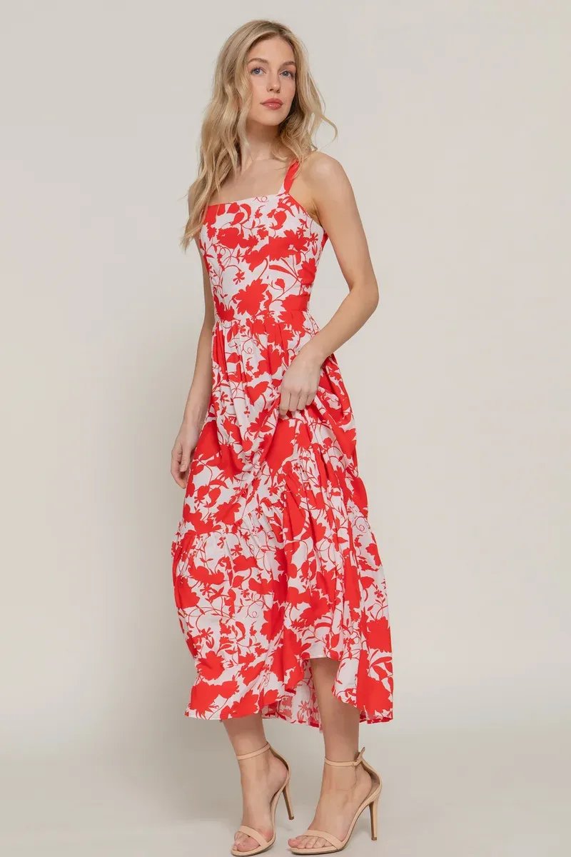 Vestido Midi Floral Rojo y Blanco con Tirantes para Mujer - Image 5
