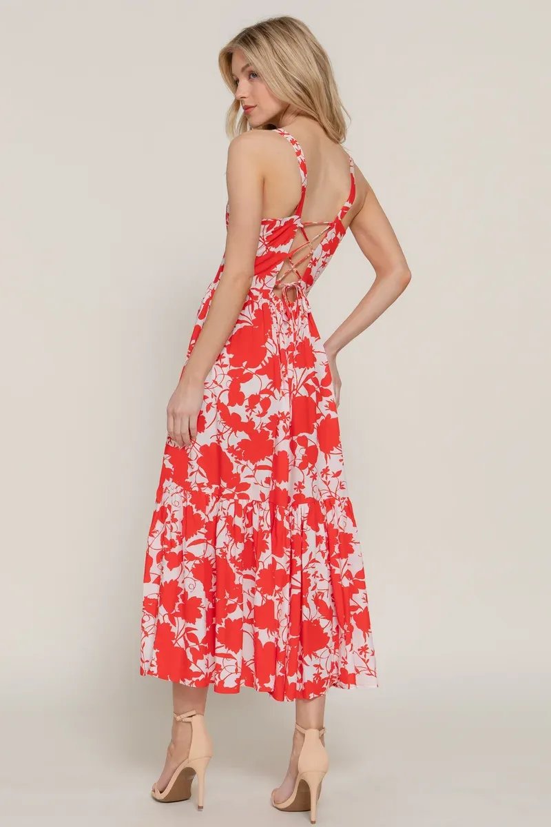 Vestido Midi Floral Rojo y Blanco con Tirantes para Mujer - Image 6