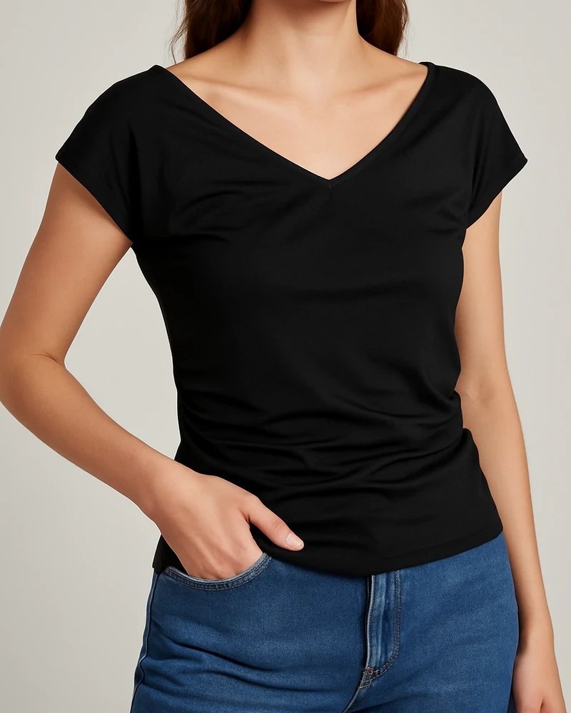 Blusa Drapeada Escote Barco con Fruncidos Laterales para Mujer - Image 2