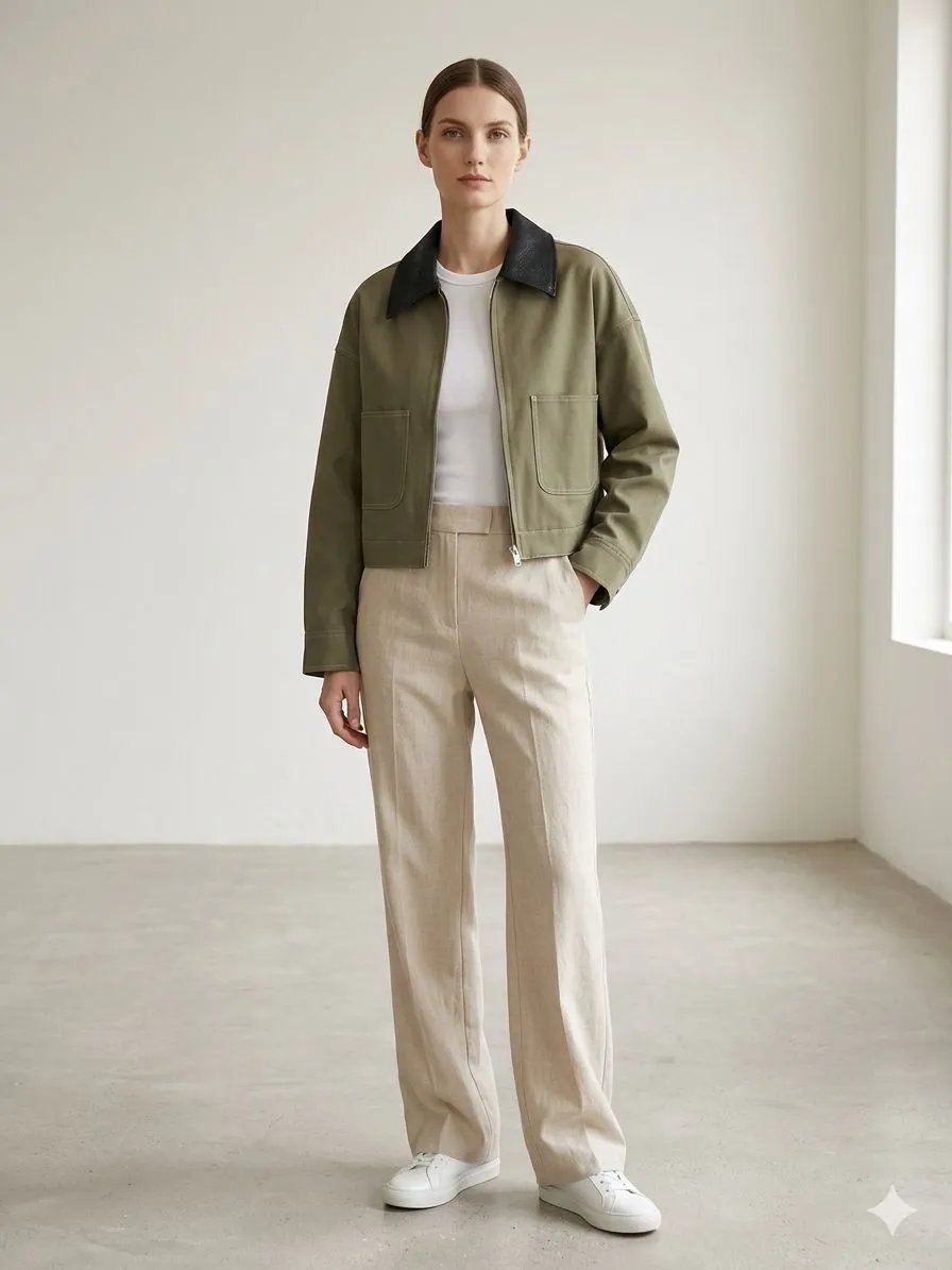 Chamarra Bomber Verde Militar Con Cuello Contrastante Para Mujer - Image 2