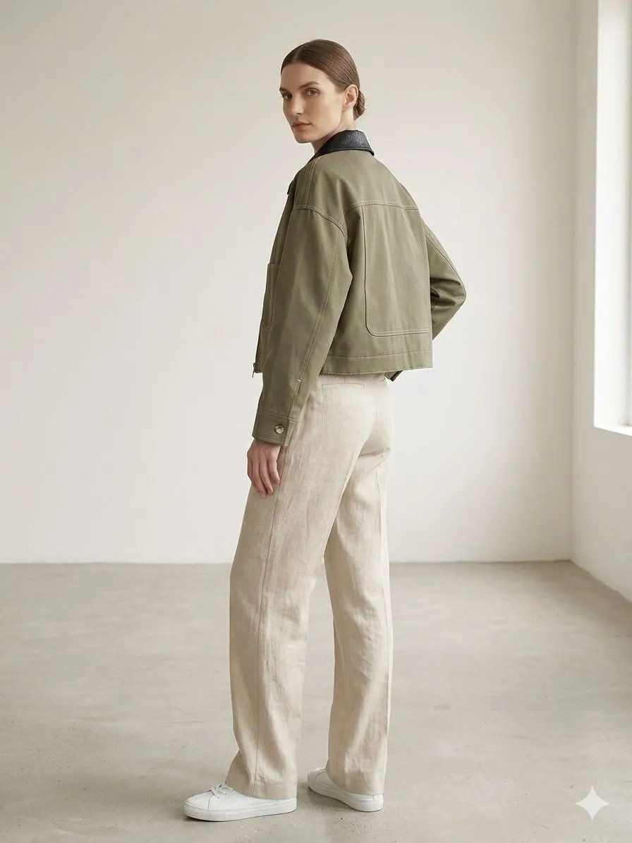 Chamarra Bomber Verde Militar Con Cuello Contrastante Para Mujer - Image 3