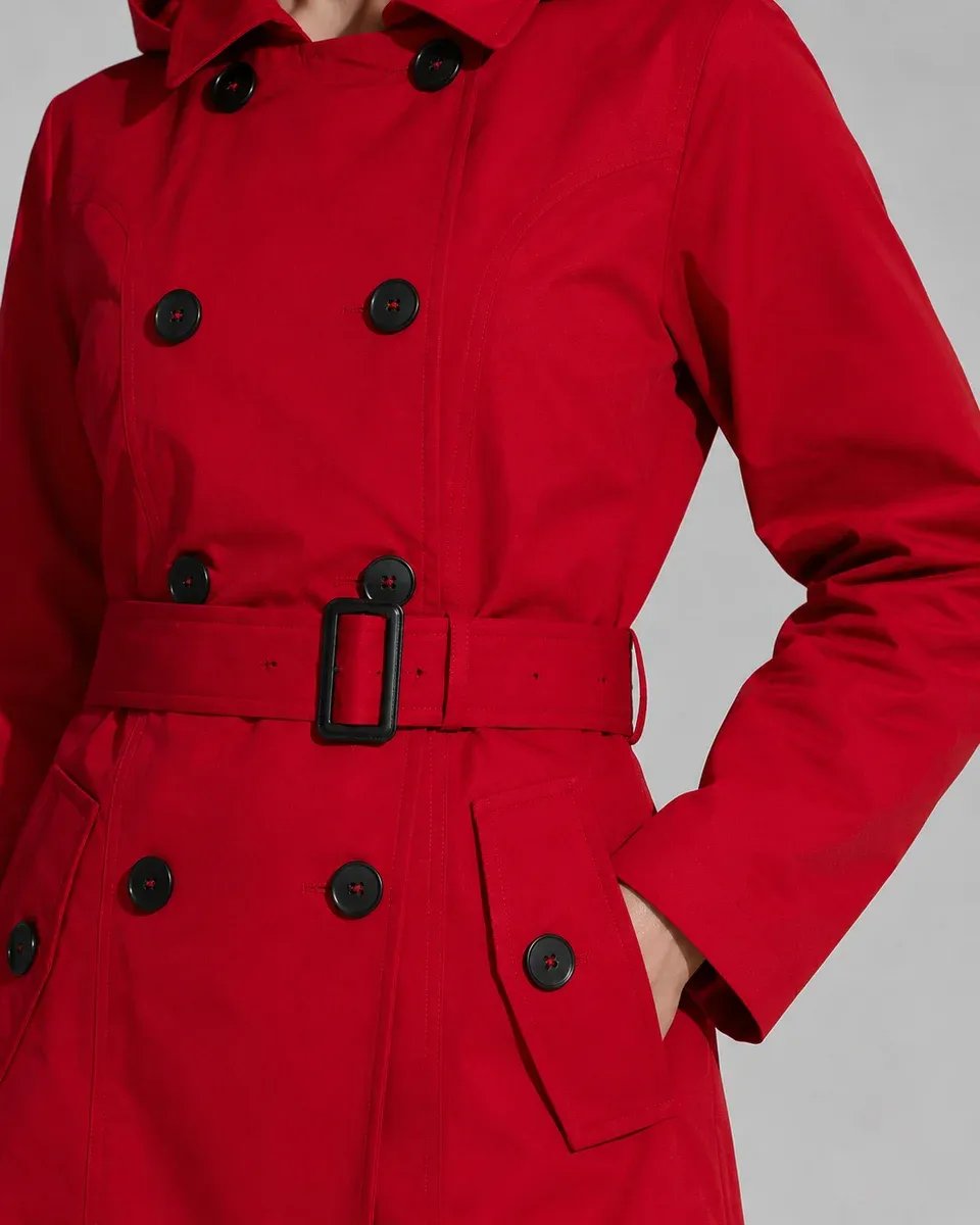 Gabardina Roja con Capucha Doble Botonadura Clásica para Mujer - Image 3