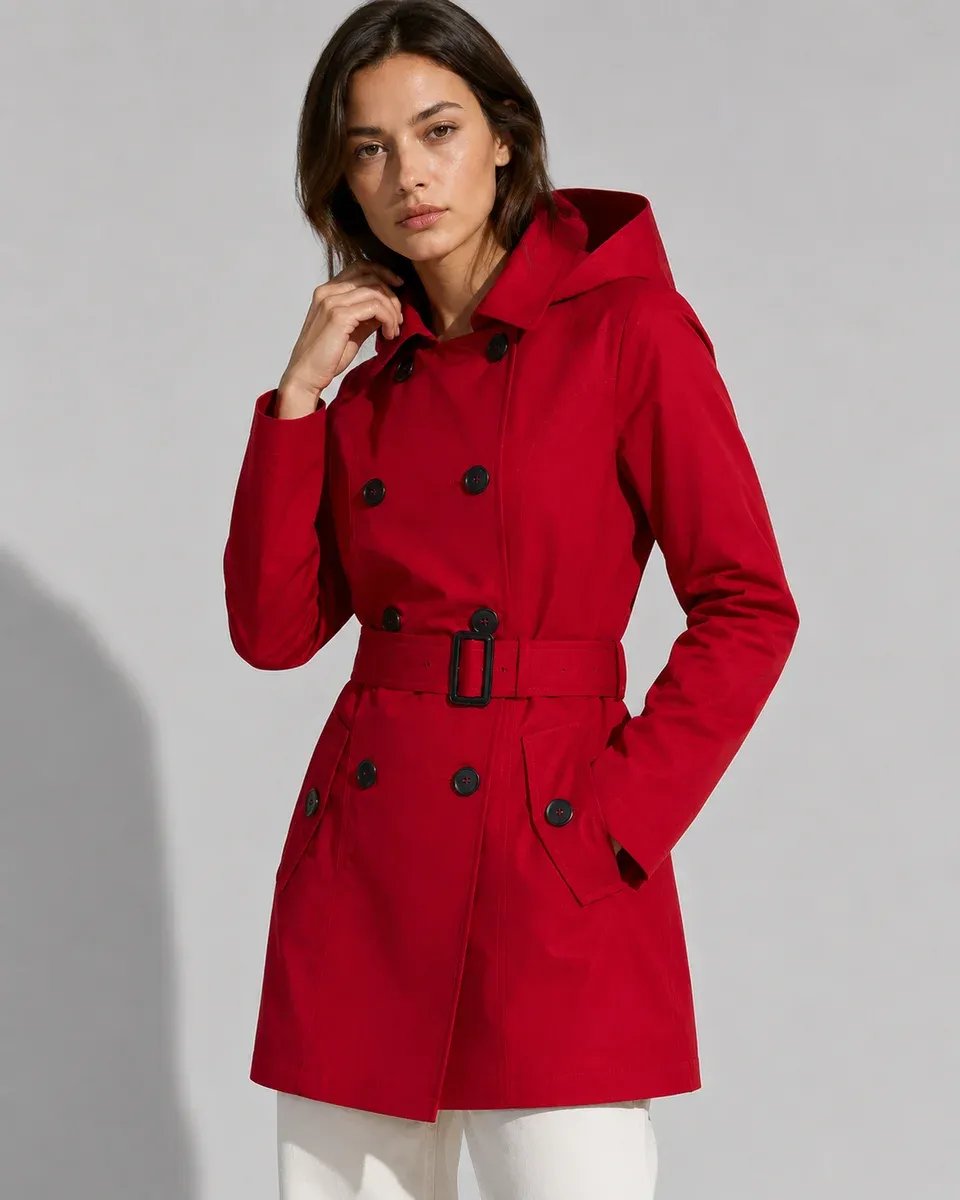Gabardina Roja con Capucha Doble Botonadura Clásica para Mujer - Image 2