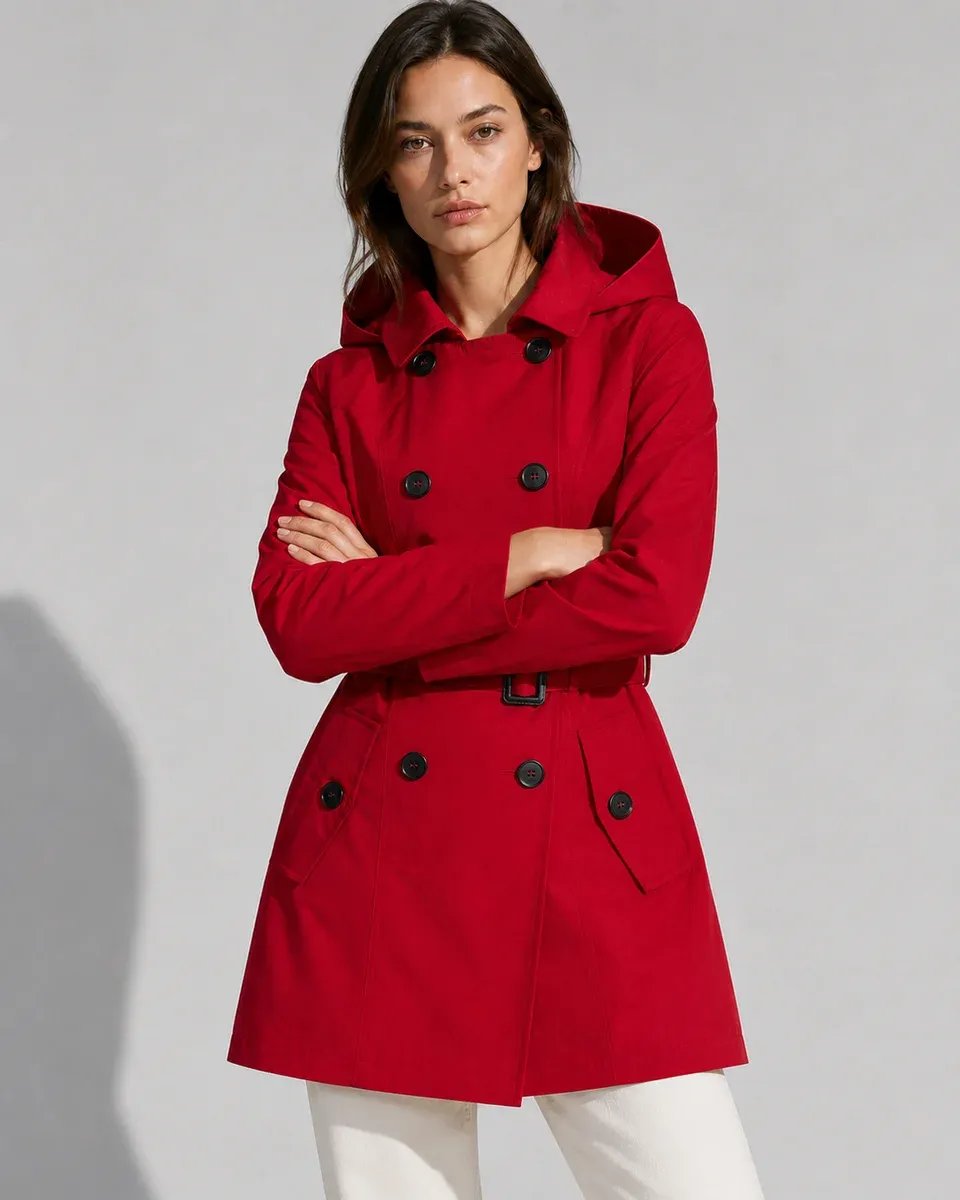 Gabardina Roja con Capucha Doble Botonadura Clásica para Mujer - Image 4