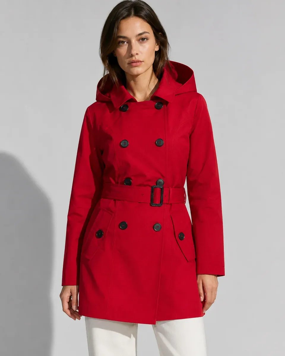 Gabardina Roja con Capucha Doble Botonadura Clásica para Mujer - Image 6