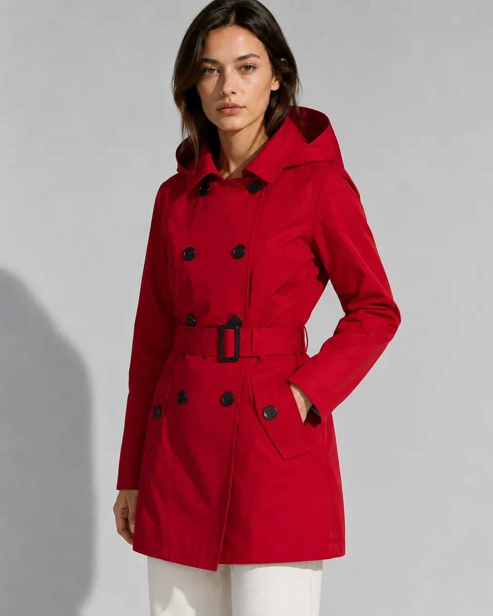 Gabardina Roja con Capucha Doble Botonadura Clásica para Mujer - Image 5