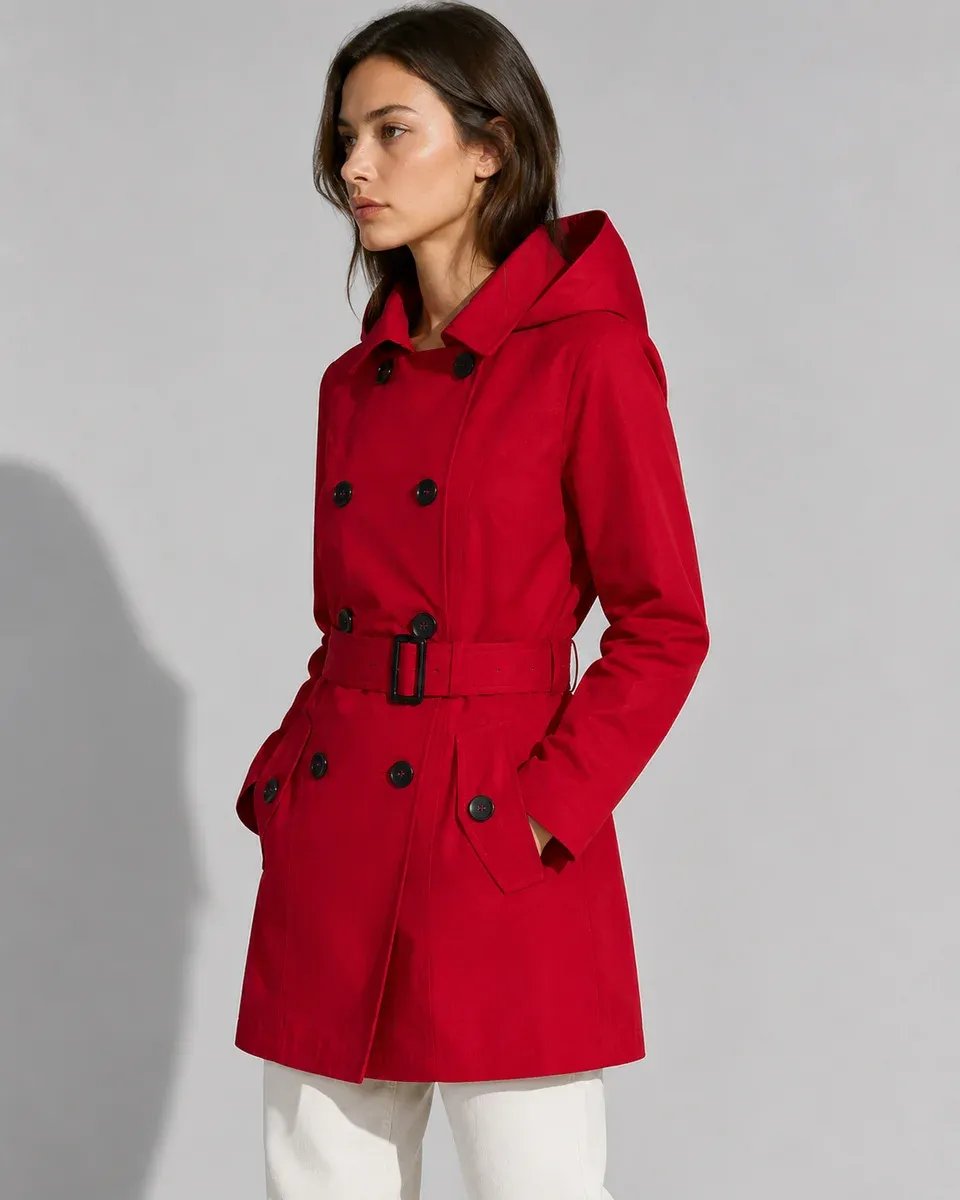 Gabardina Roja con Capucha Doble Botonadura Clásica para Mujer - Image 7