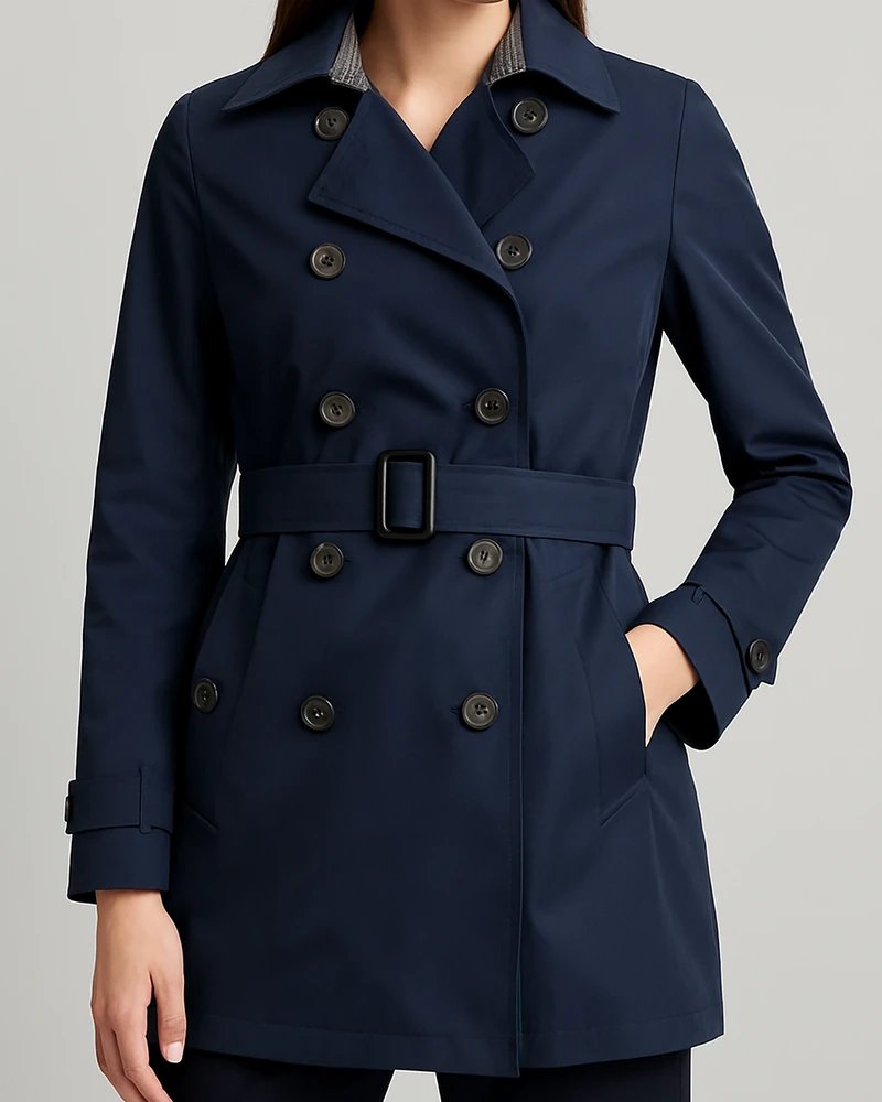 Gabardina Azul Marino Doble Botonadura con Cinturón para Mujer - Image 24