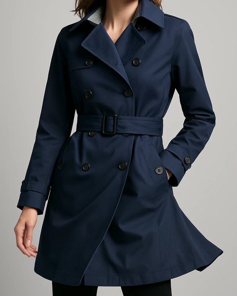 Gabardina Azul Marino Doble Botonadura con Cinturón para Mujer - Image 26
