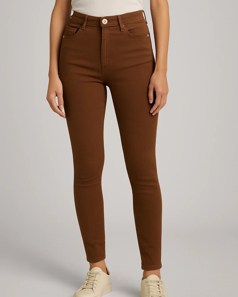 Jeans Skinny de Tiro Alto Color Café Chocolate para Mujer