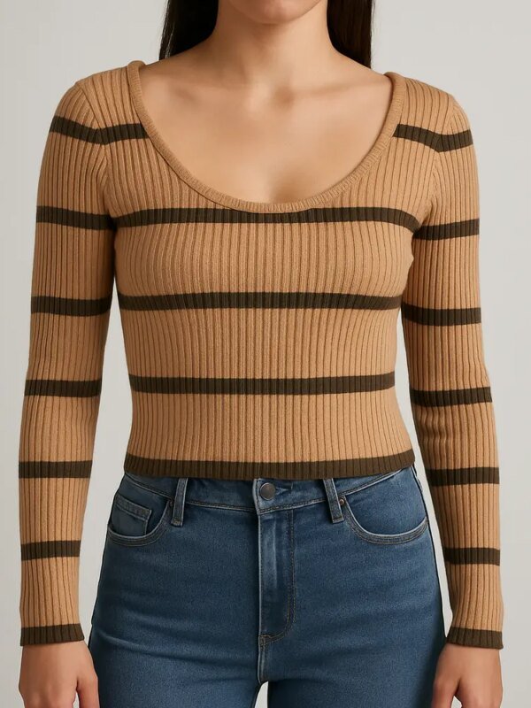 Blusa Tejida de Rayas con Escote Redondo y Manga Larga para Mujer