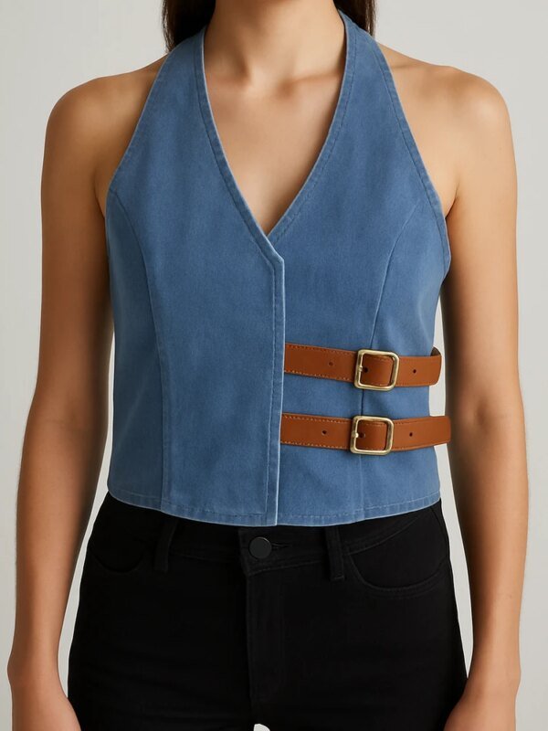 Chaleco Halter de Mezclilla Azul con Hebillas para Mujer