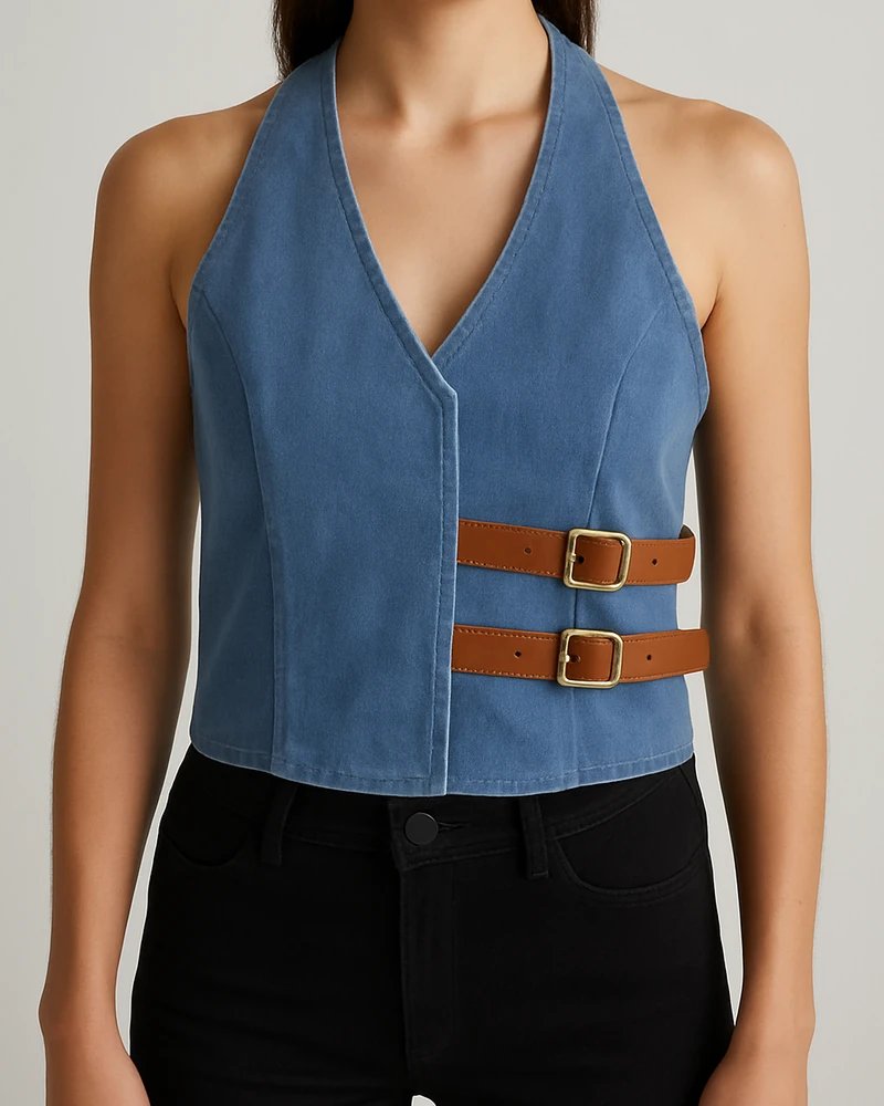 Chaleco Halter de Mezclilla Azul con Hebillas para Mujer