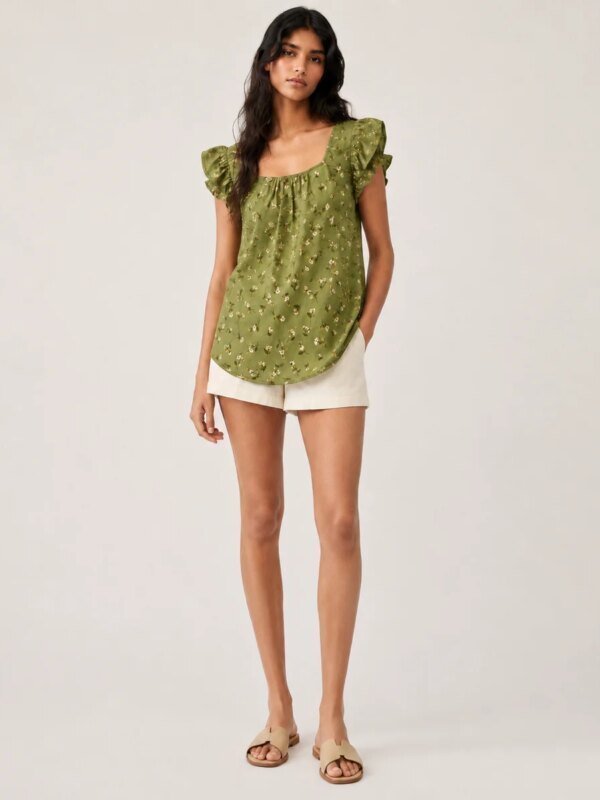 Blusa Floral con Escote Cuadrado y Mangas con Volantes para Mujer