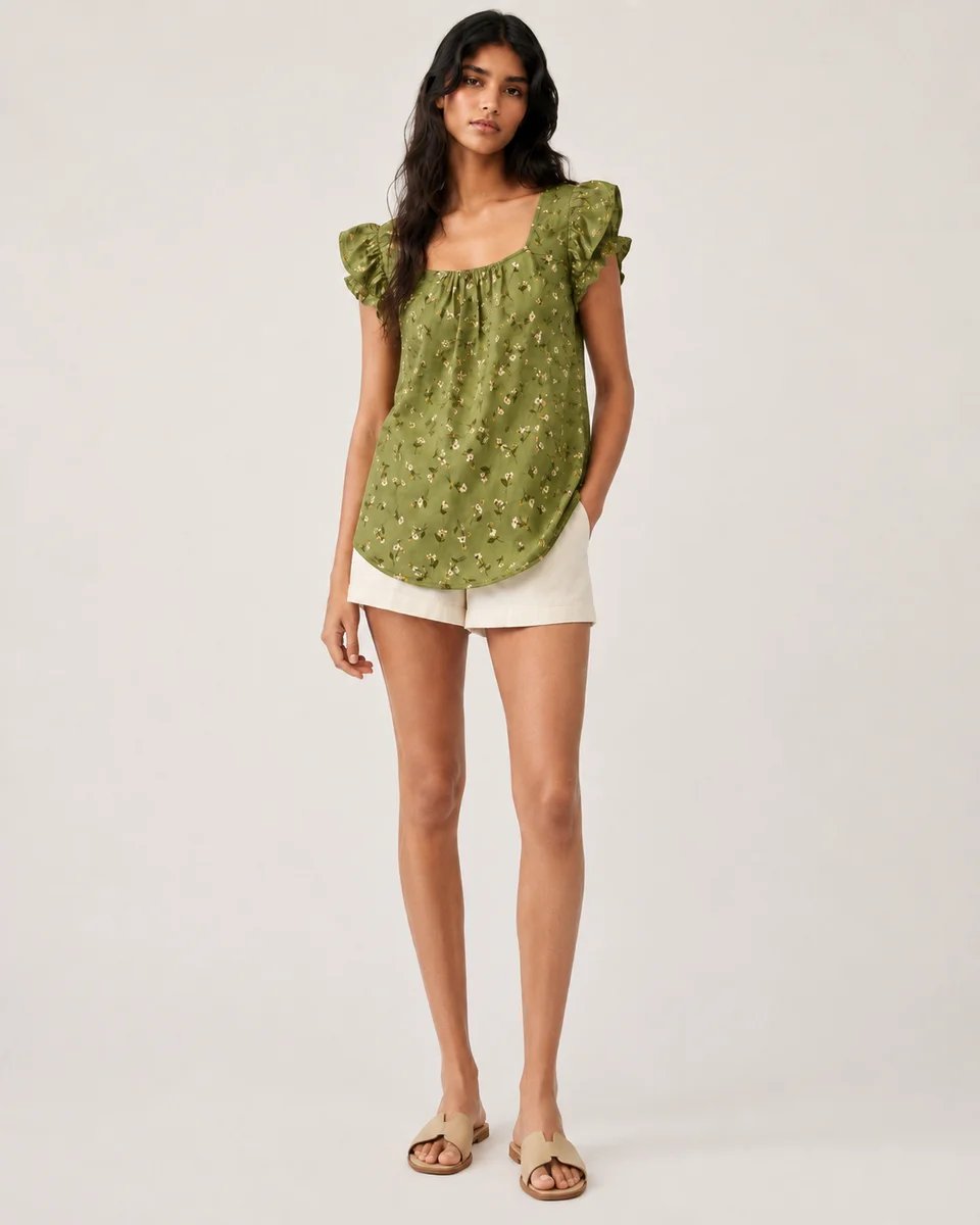 Blusa Floral con Escote Cuadrado y Mangas con Volantes para Mujer