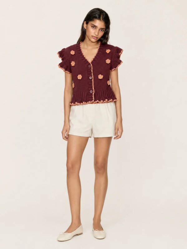 Blusa Tejida con Flores Bordadas y Manga Corta para Mujer