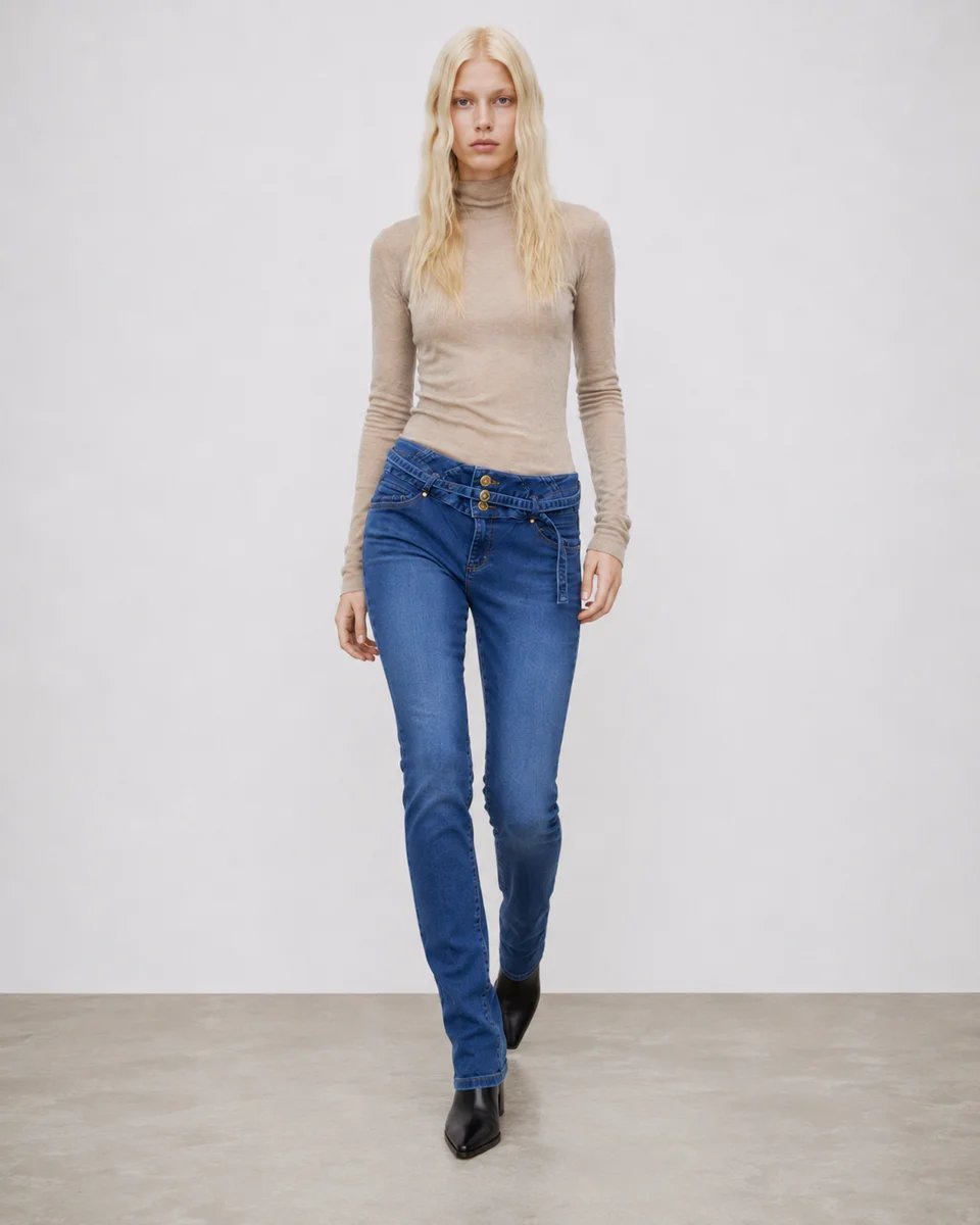 Jeans Ajustados Tiro Alto con Botones para Mujer Estilo Casual