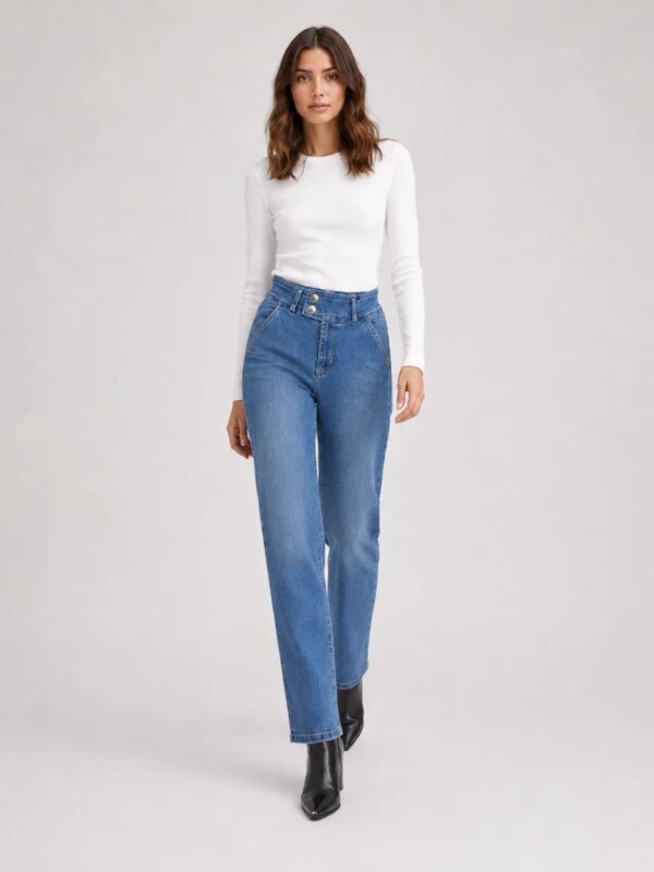 Jeans Straight Tiro Alto Azul Clasico Para Mujer KLOE