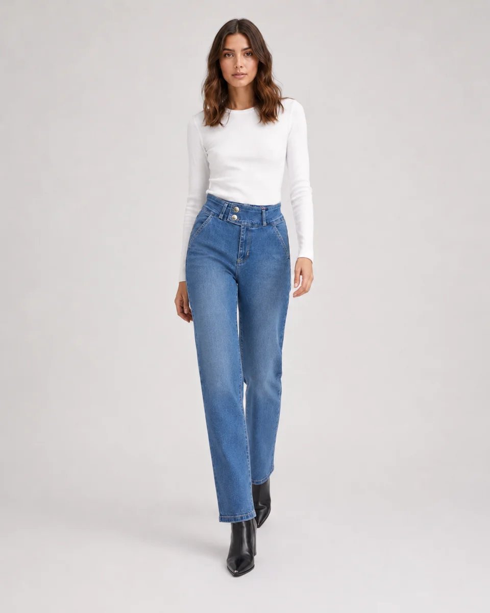 Jeans Straight Tiro Alto Azul Clasico Para Mujer KLOE