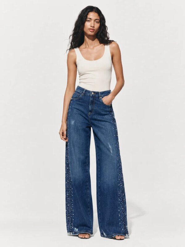 Jeans Anchos Acampanados con Pedreria Lateral para Mujer