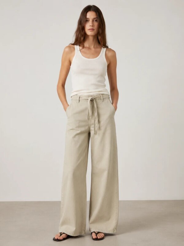 Pantalon Wide Leg Palazzo Beige Con Cordon Para Mujer