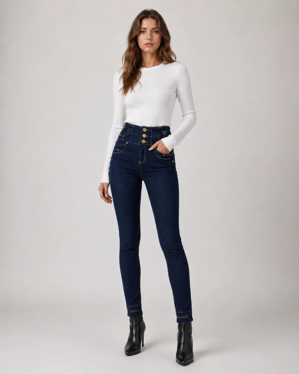 Jeans Skinny Tiro Alto Con Botones Dorados Para Mujer