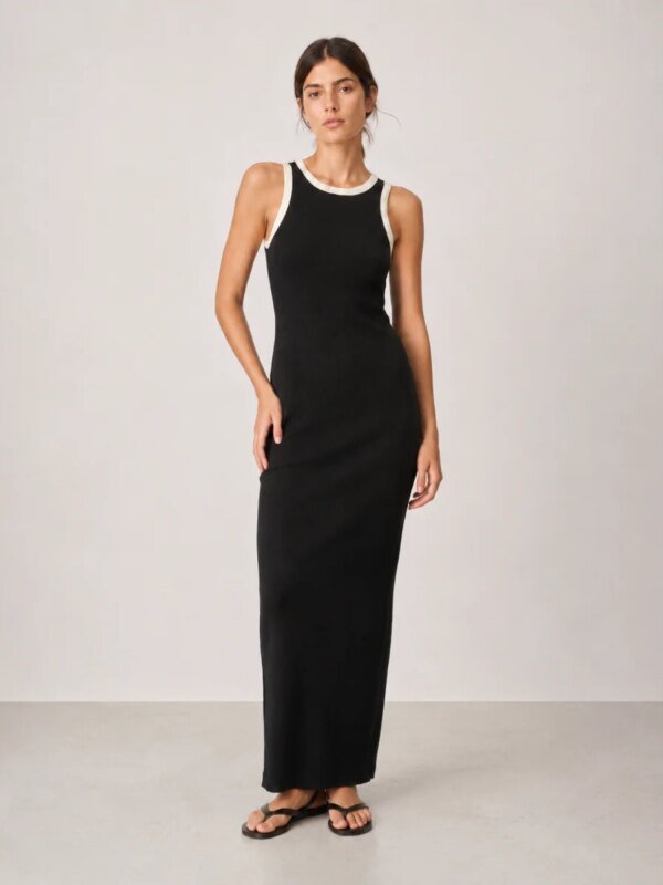 Vestido Largo Negro con Detalles Blancos Elegante para Mujer