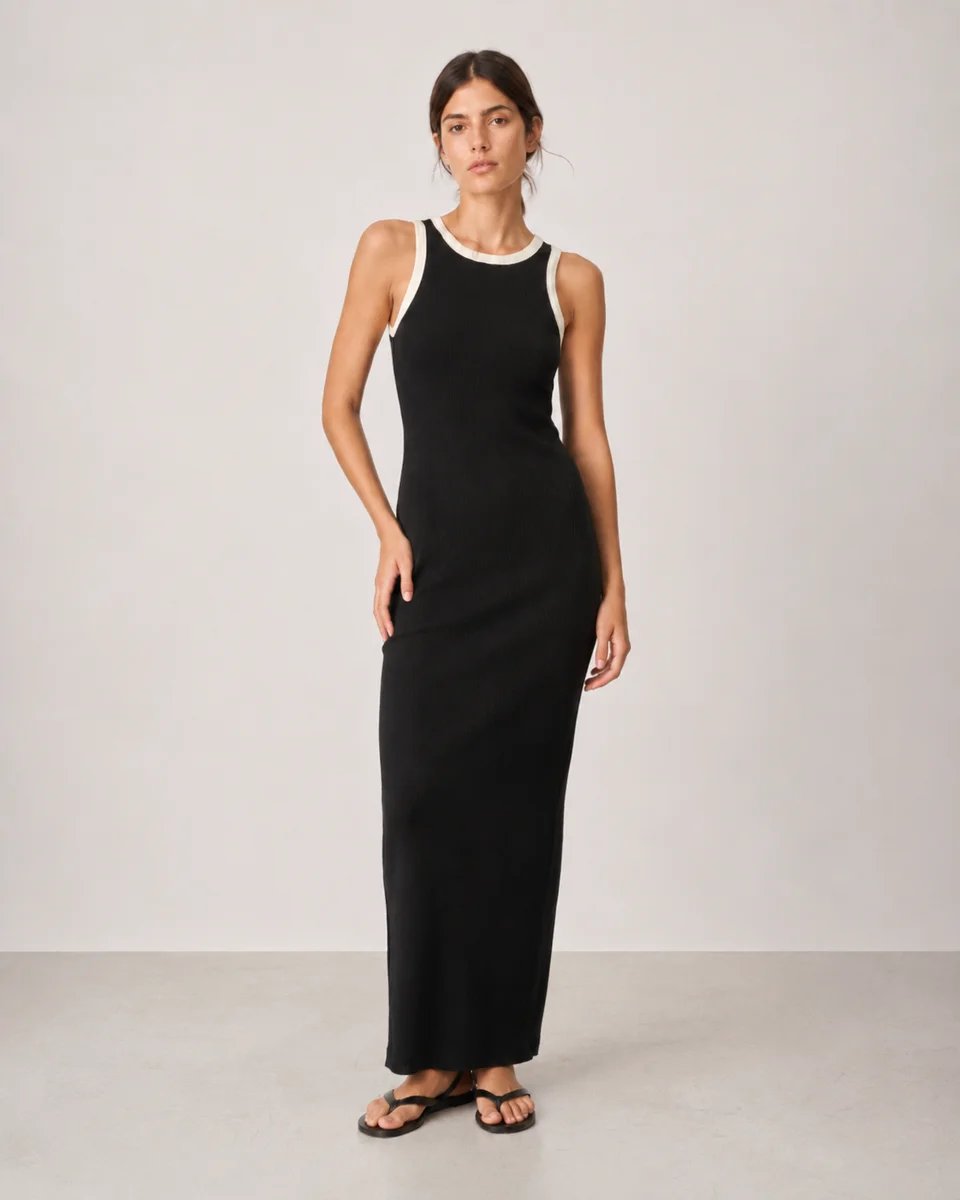 Vestido Largo Negro con Detalles Blancos Elegante para Mujer