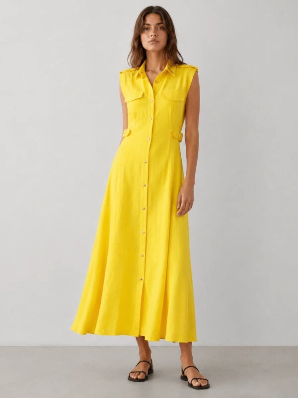 Vestido Largo Amarillo Con Botones Frontales Para Mujer