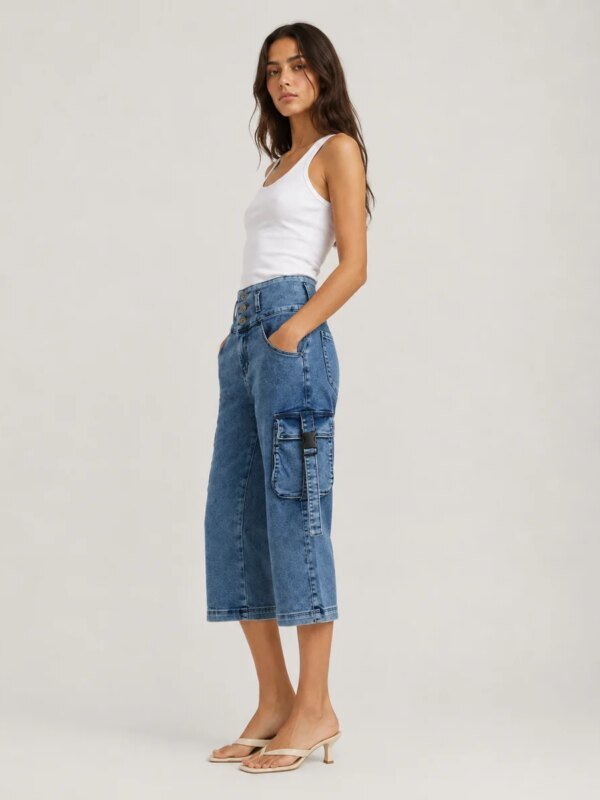 Pantalon Capri Cargo de Mezclilla Azul para Mujer Estilo Casual