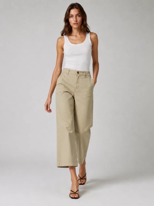 Pantalon Capri Amplio de Algodon Beige para Mujer Estilo Casual