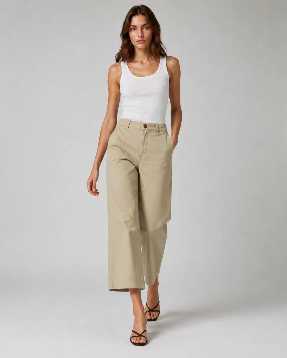 Pantalon Capri Amplio de Algodon Beige para Mujer Estilo Casual