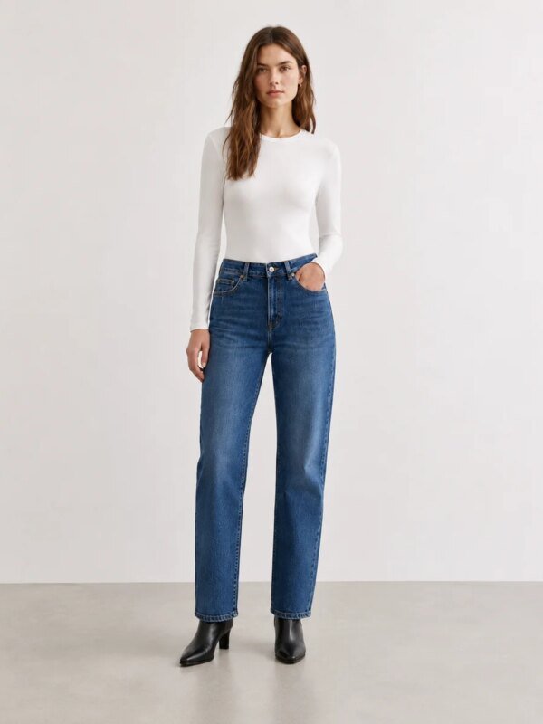Jeans Straight Fit Tiro Alto Azul Medio Para Mujer