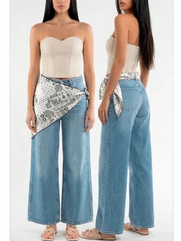 Pantalon Wide Leg de Mezclilla Clara con Mascada para Mujer