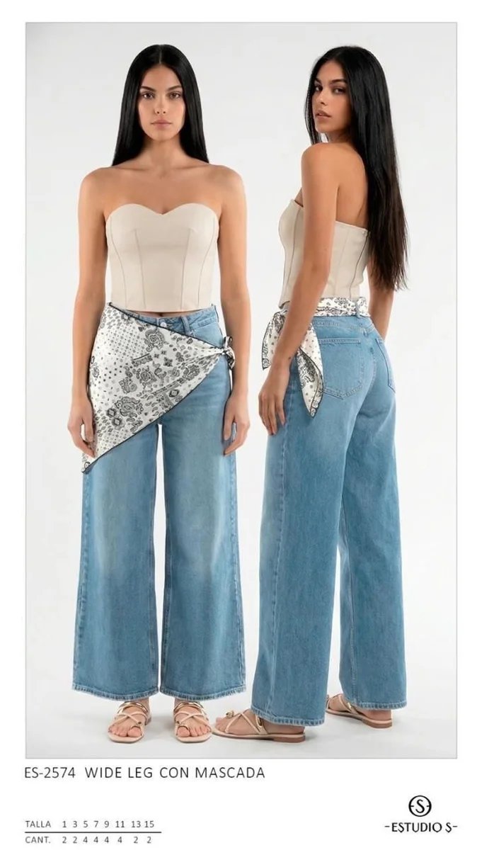 Pantalon Wide Leg de Mezclilla Clara con Mascada para Mujer