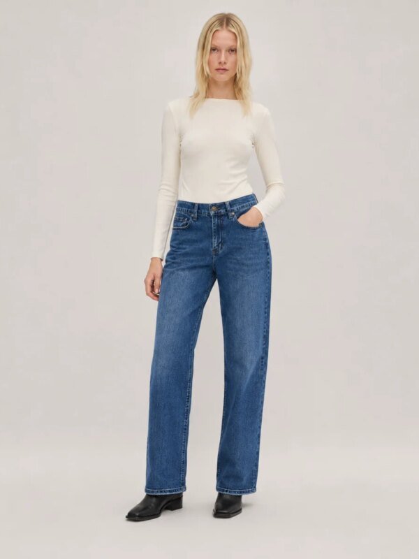 Jeans Rectos de Tiro Alto Azul Medio para Mujer Estilo Vintage
