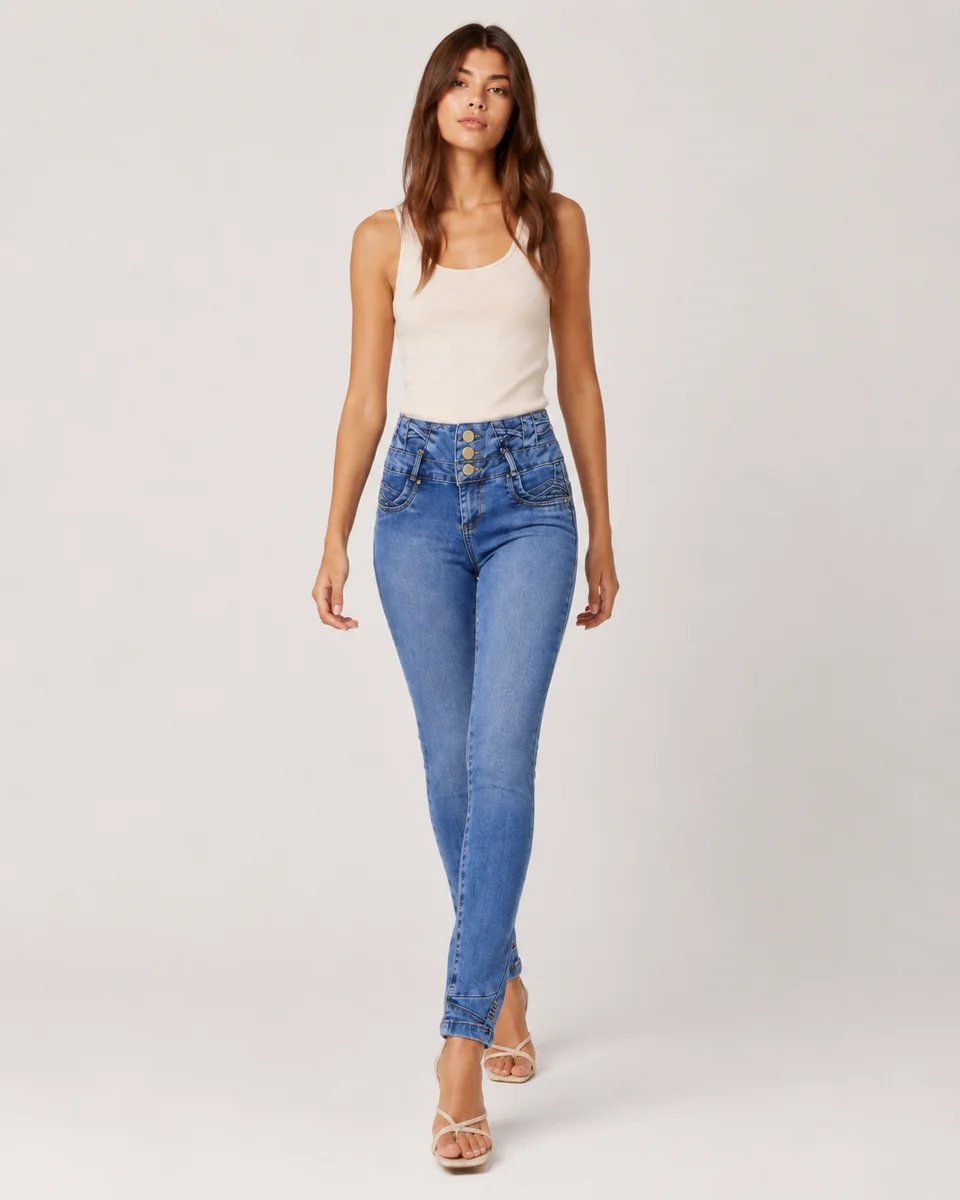 Pantalón Jean Colombiano Tiro Alto Con Botones Para Mujer