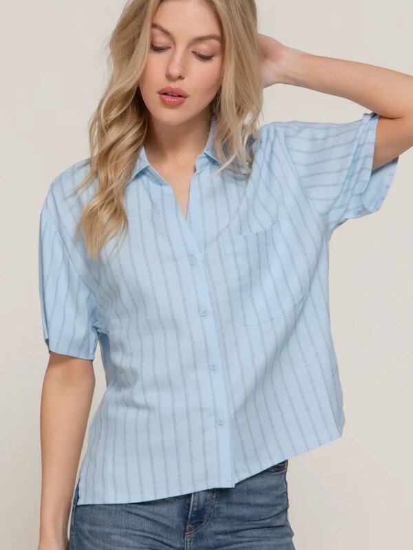 Camisa Rayada Manga Corta Azul Celeste Para Mujer Estilo Casual
