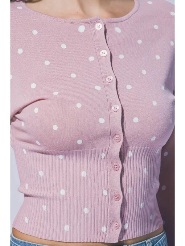 Cardigan Crop de Punto Rosa con Lunares Blancos para Mujer