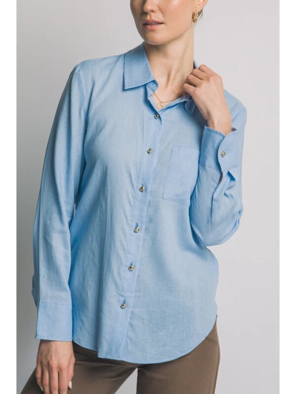 Camisa Lino Azul Cielo Oversize Manga Larga para Mujer