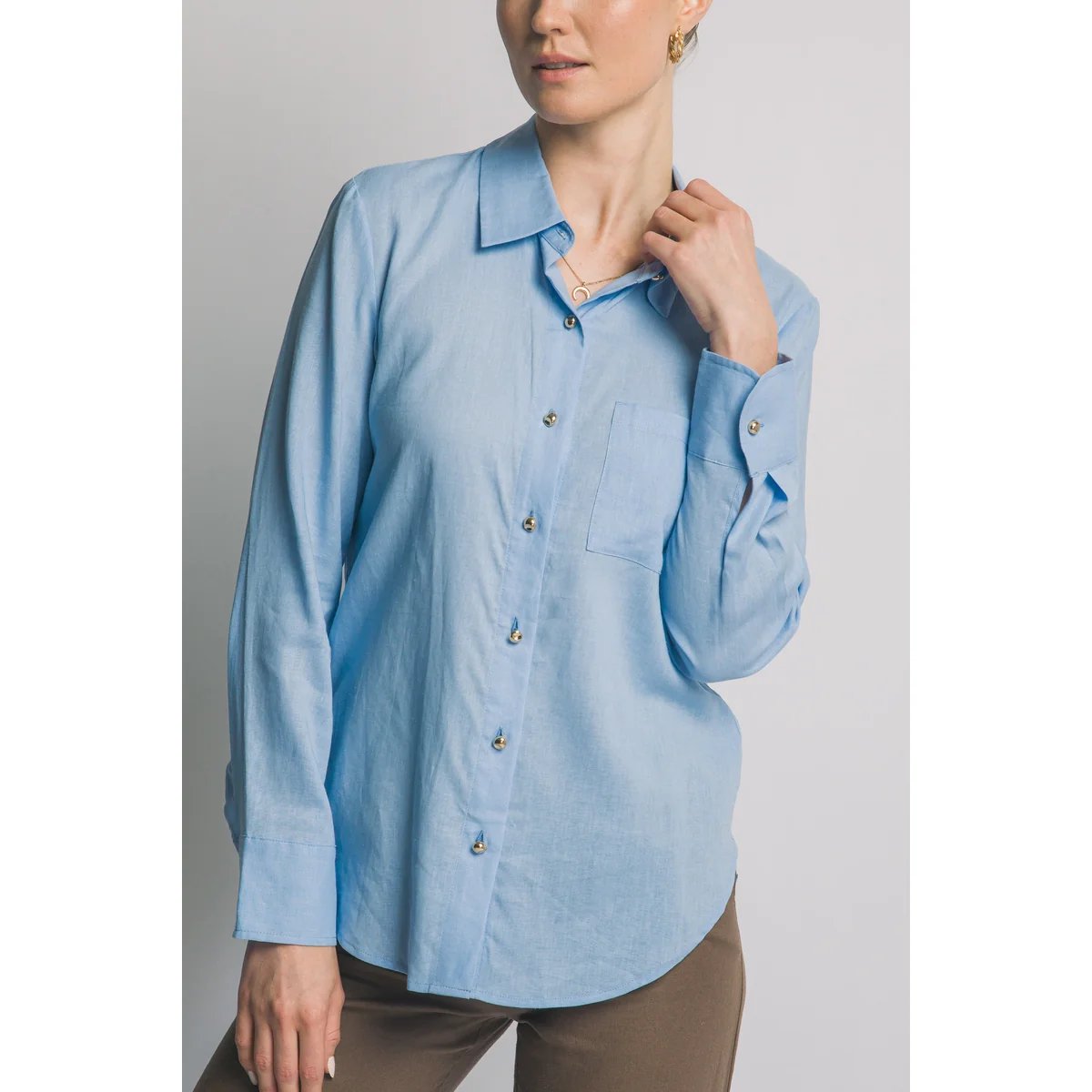 Camisa Lino Azul Cielo Oversize Manga Larga para Mujer