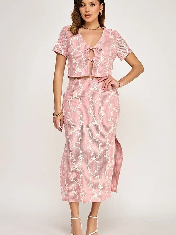 Conjunto de Top y Falda con Estampado Floral Rosa para Mujer