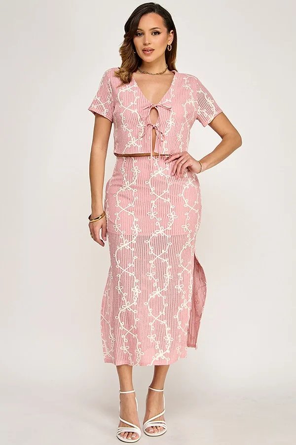 Conjunto de Top y Falda con Estampado Floral Rosa para Mujer