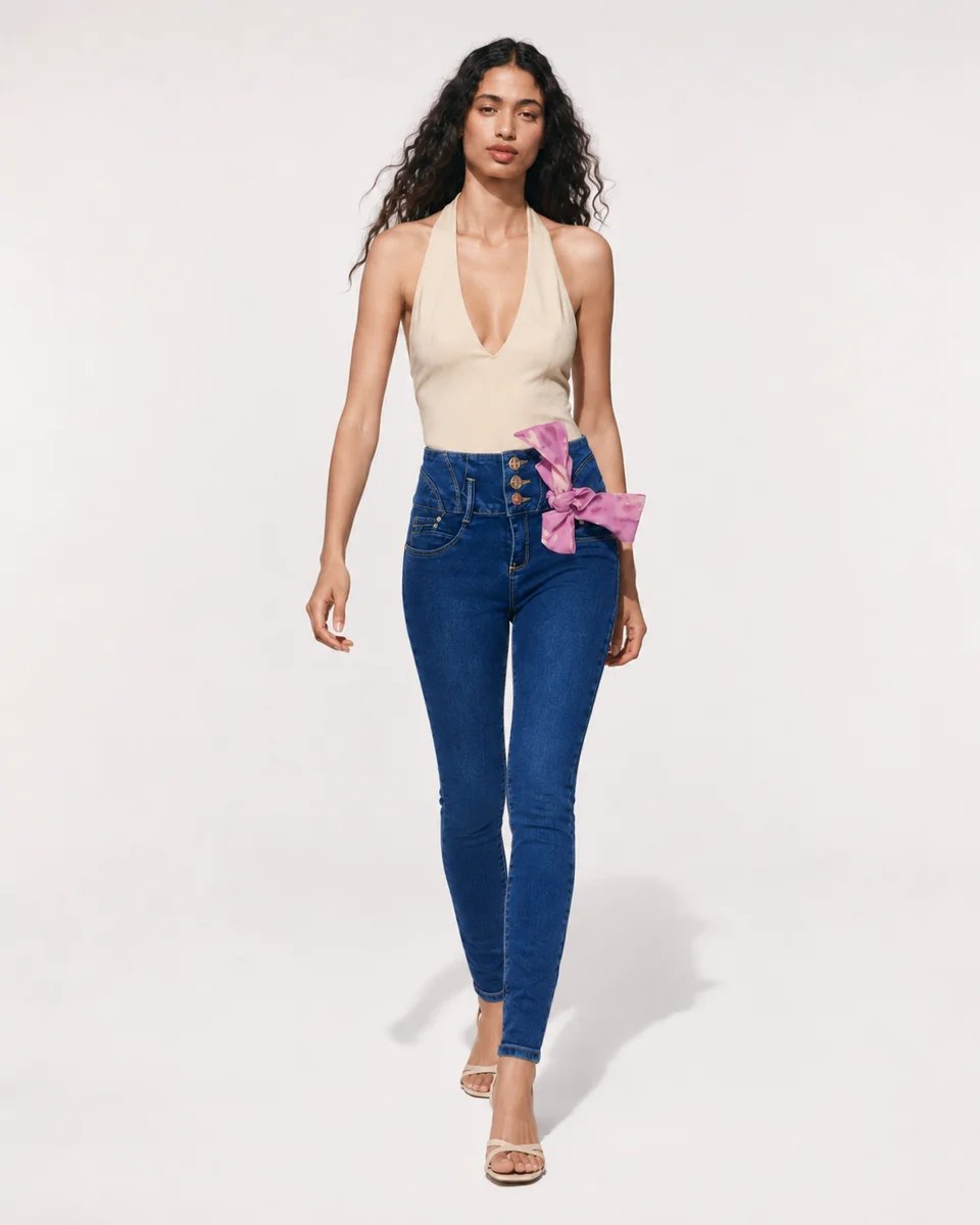 Pantalon Jean Tiro Alto Colombiano Con Lazo Decorativo Para Mujer
