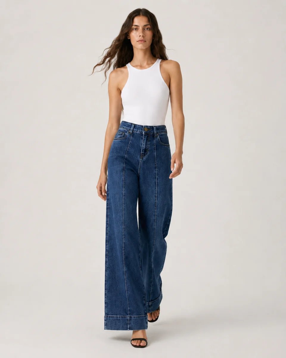 Pantalon Wide Leg de Mezclilla Azul Clasica para Mujer